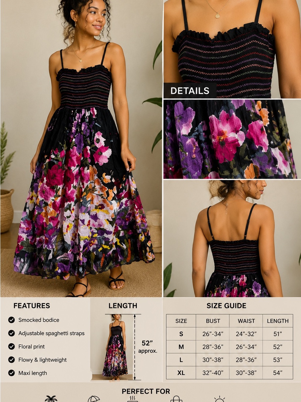 Floral Smocked Maxi Dress with Adjustable Straps - Black/Purple Pink Floral